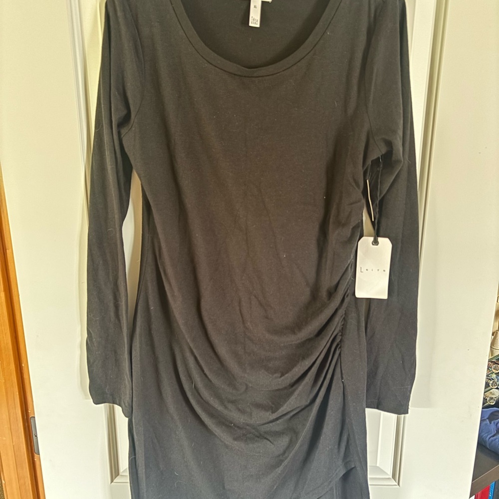 Leith Black Cotton Draped Long Sleeve Dress